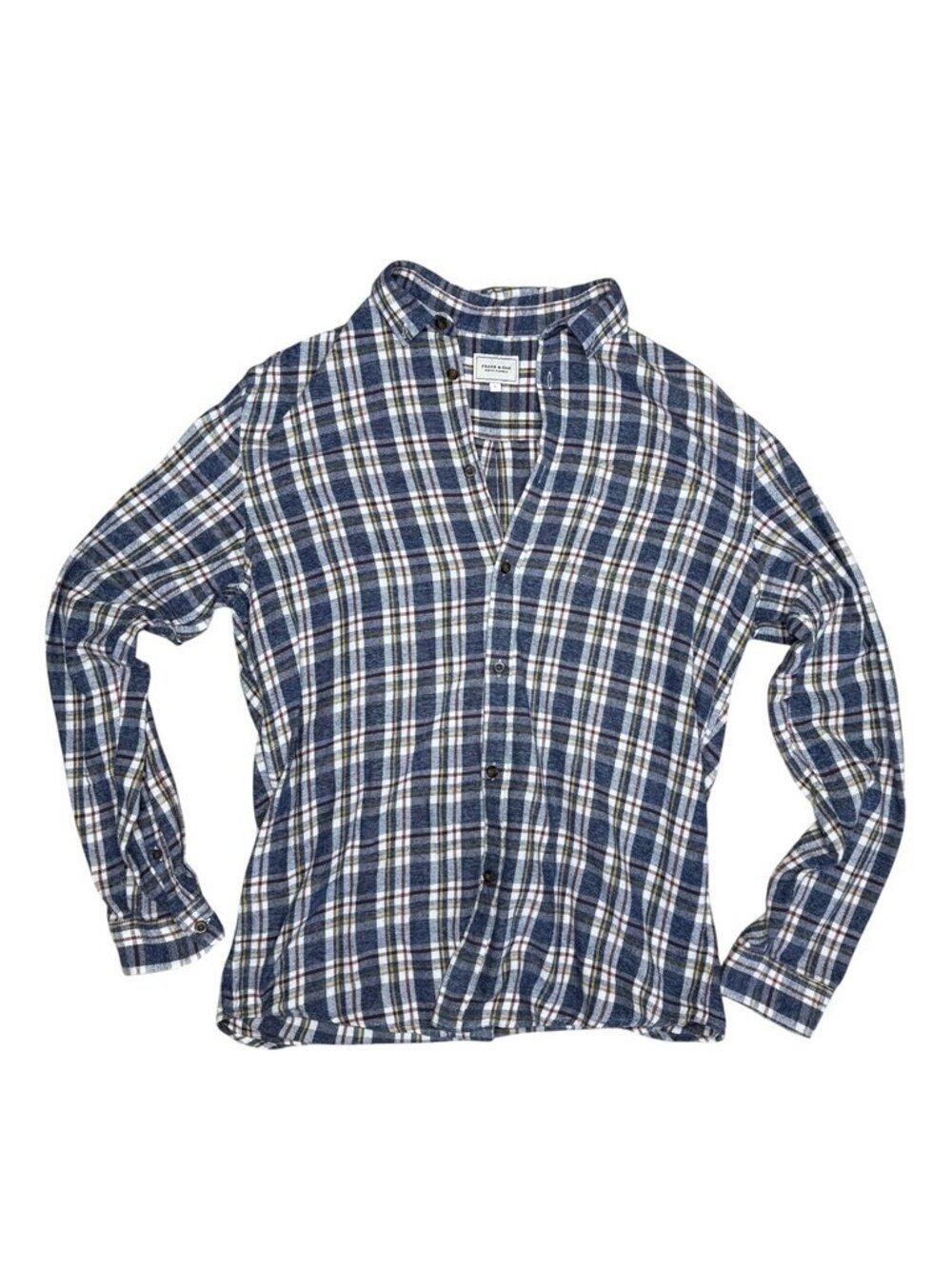 Frank & Oak blue flannel plaid cotton button down long sleeve shirt Size Large
